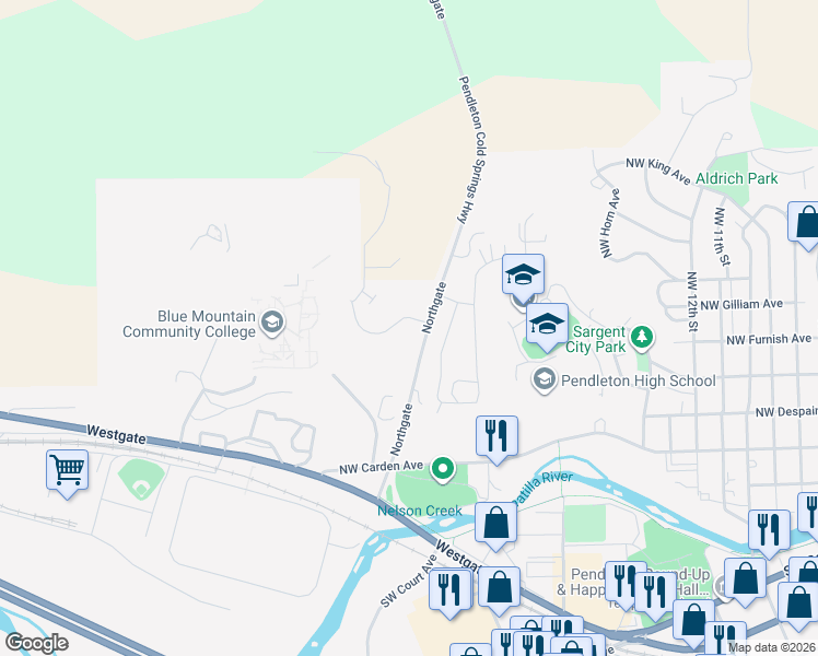 map of restaurants, bars, coffee shops, grocery stores, and more near 513 Northgate in Pendleton