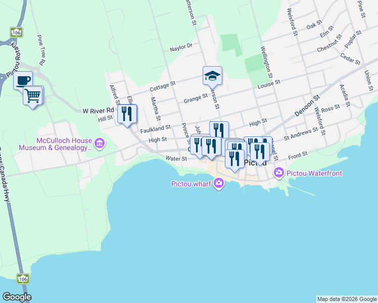 map of restaurants, bars, coffee shops, grocery stores, and more near 150 Water Street in Pictou