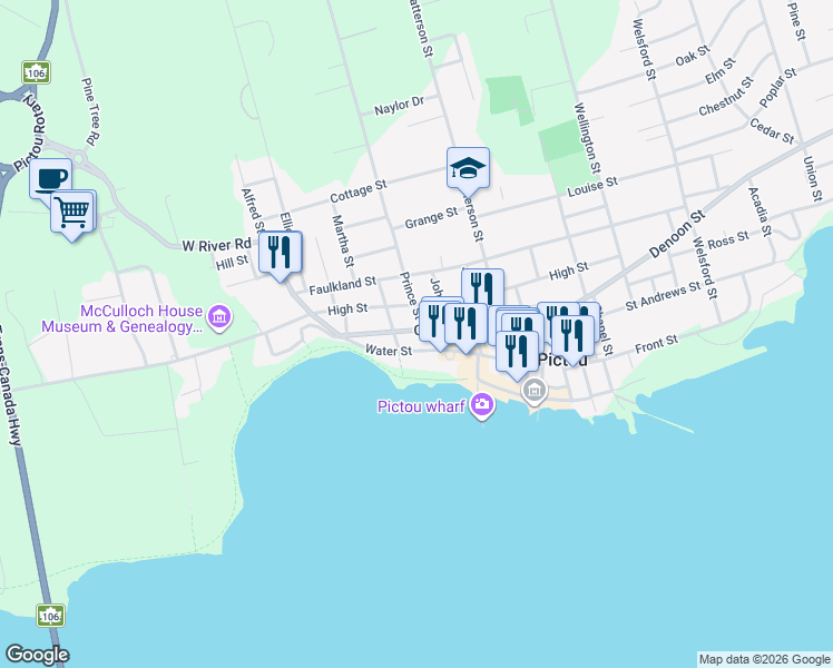 map of restaurants, bars, coffee shops, grocery stores, and more near 133 Church Street in Pictou