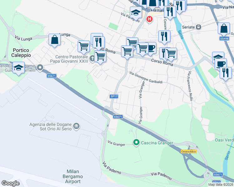 map of restaurants, bars, coffee shops, grocery stores, and more near 35 Via Paderno in Seriate
