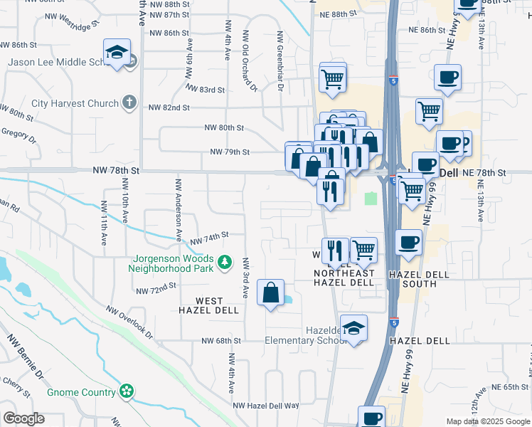 map of restaurants, bars, coffee shops, grocery stores, and more near 7416 Northwest 1st Place in Vancouver