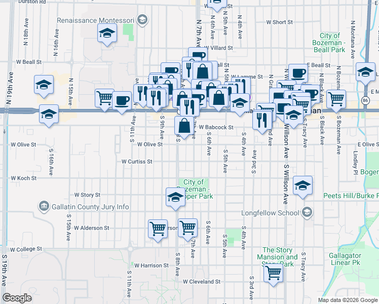 map of restaurants, bars, coffee shops, grocery stores, and more near 222 South 7th Avenue in Bozeman