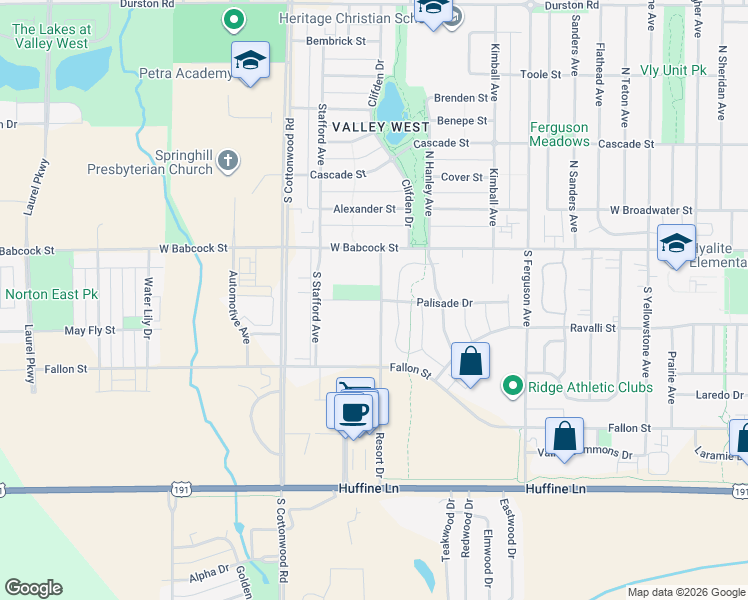 map of restaurants, bars, coffee shops, grocery stores, and more near 4530 Palisade Drive in Bozeman