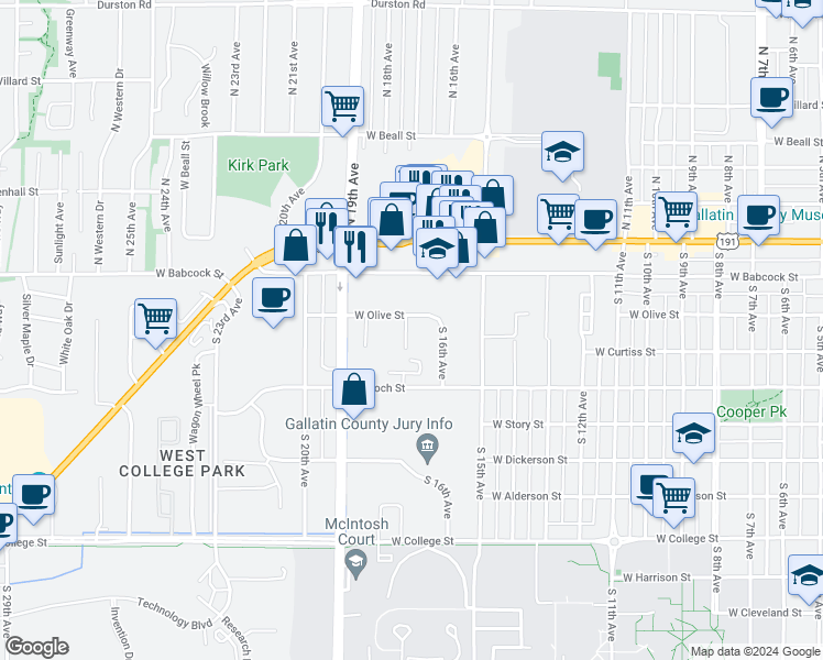 map of restaurants, bars, coffee shops, grocery stores, and more near 1612 West Olive Street in Bozeman