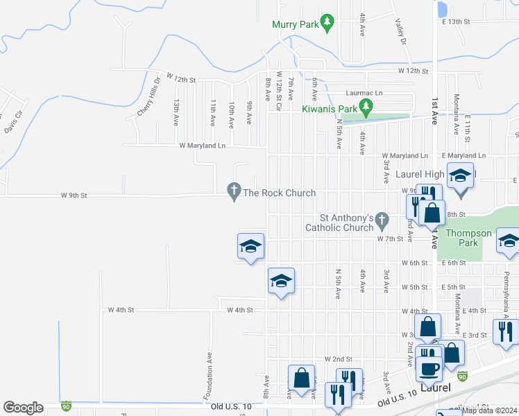 map of restaurants, bars, coffee shops, grocery stores, and more near 804 8th Avenue in Laurel