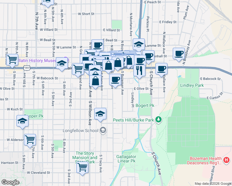 map of restaurants, bars, coffee shops, grocery stores, and more near 219 South Bozeman Avenue in Bozeman