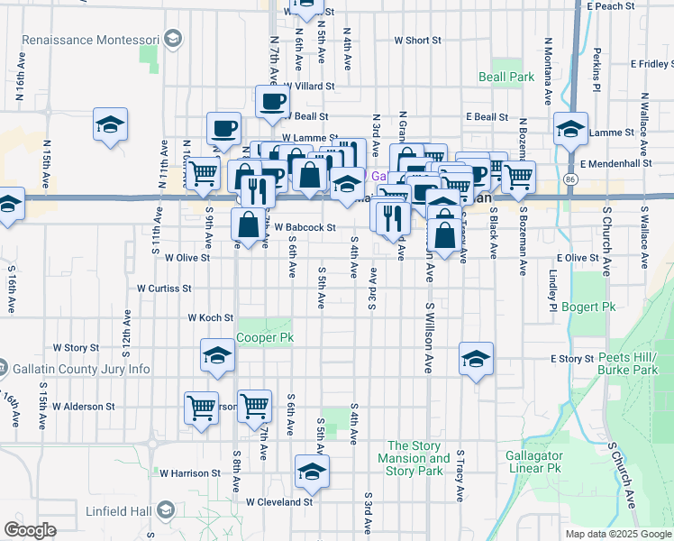 map of restaurants, bars, coffee shops, grocery stores, and more near in Bozeman
