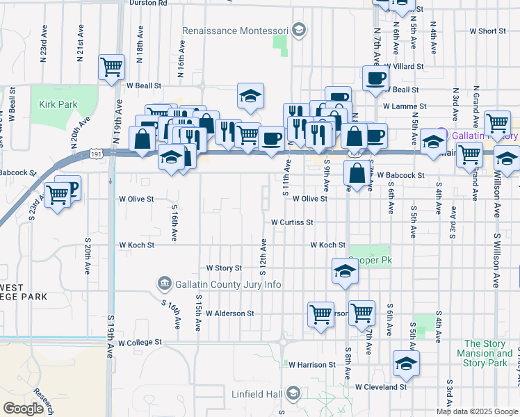 map of restaurants, bars, coffee shops, grocery stores, and more near 222 South 13th Avenue in Bozeman