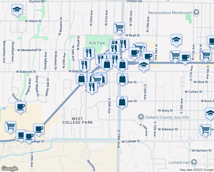 map of restaurants, bars, coffee shops, grocery stores, and more near 211 South 20th Avenue in Bozeman