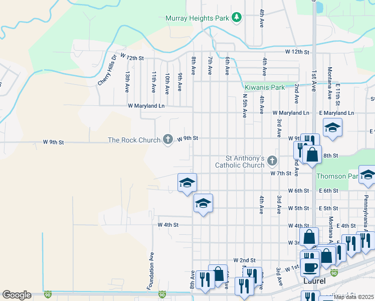 map of restaurants, bars, coffee shops, grocery stores, and more near 804 8th Avenue in Laurel