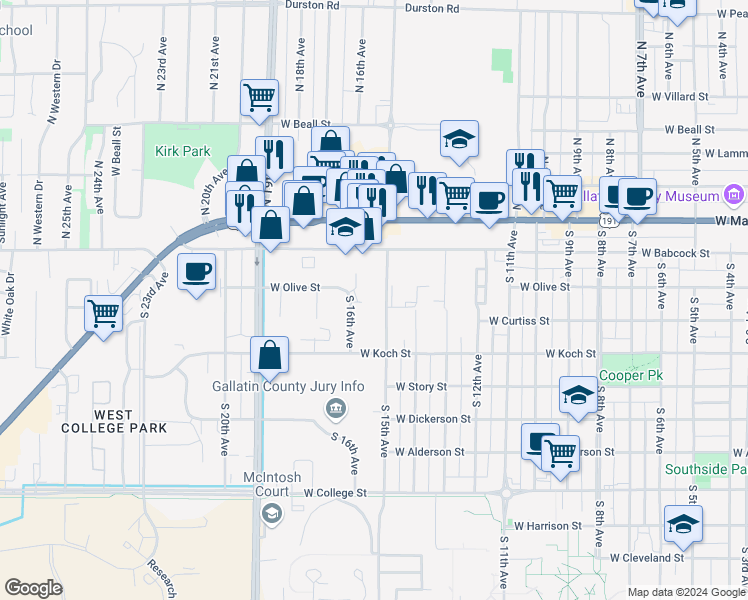map of restaurants, bars, coffee shops, grocery stores, and more near 209 South 15th Avenue in Bozeman