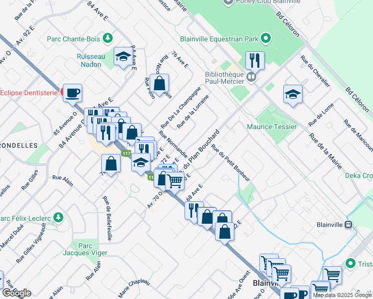 map of restaurants, bars, coffee shops, grocery stores, and more near 71 Avenue East in Blainville
