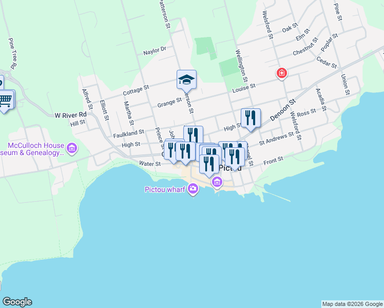 map of restaurants, bars, coffee shops, grocery stores, and more near 67 Church Street in Pictou