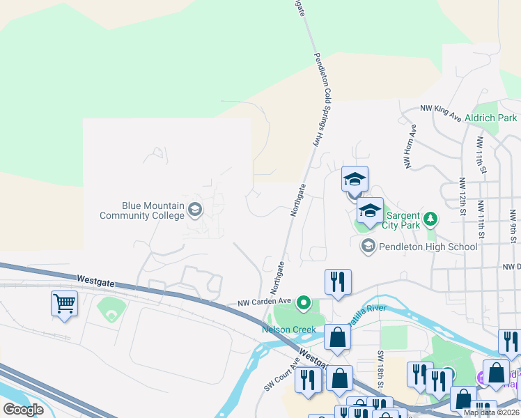 map of restaurants, bars, coffee shops, grocery stores, and more near 2262 Northwest Horn Place in Pendleton