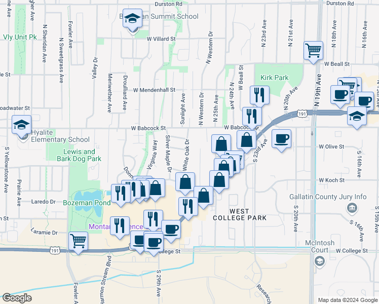 map of restaurants, bars, coffee shops, grocery stores, and more near 208 White Oak Drive in Bozeman
