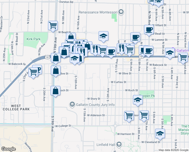 map of restaurants, bars, coffee shops, grocery stores, and more near 222 South 14th Avenue in Bozeman