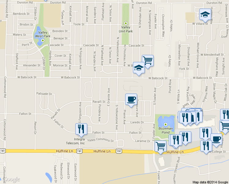 map of restaurants, bars, coffee shops, grocery stores, and more near 210 South Yellowstone Avenue in Bozeman