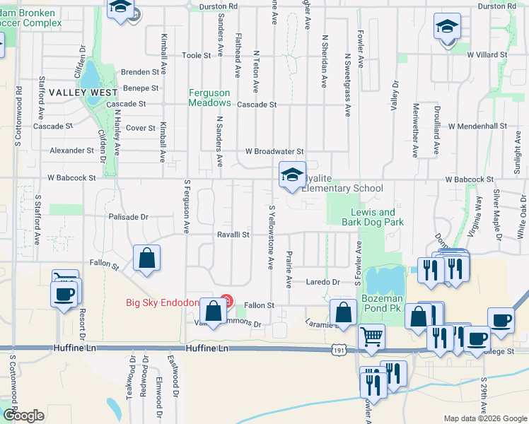 map of restaurants, bars, coffee shops, grocery stores, and more near 210 South Yellowstone Avenue in Bozeman