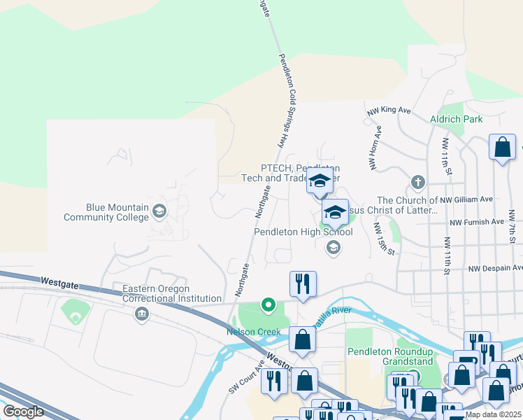 map of restaurants, bars, coffee shops, grocery stores, and more near 513 Northgate in Pendleton