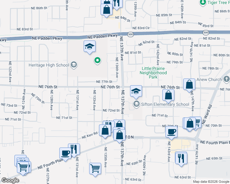 map of restaurants, bars, coffee shops, grocery stores, and more near 7401 Northeast 136th Avenue in Vancouver