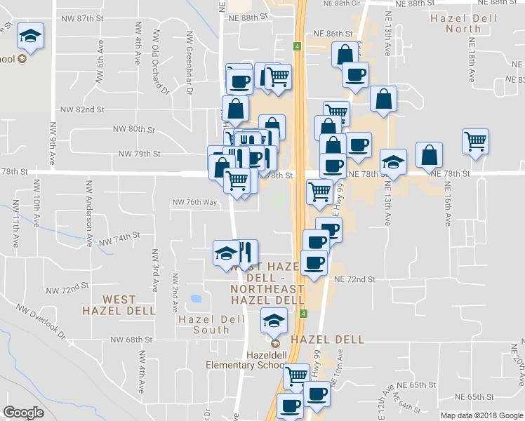 map of restaurants, bars, coffee shops, grocery stores, and more near 7601 Northeast 5th Avenue in Vancouver