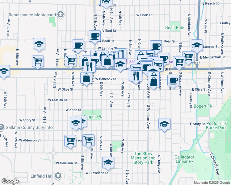 map of restaurants, bars, coffee shops, grocery stores, and more near 422 West Olive Street in Bozeman