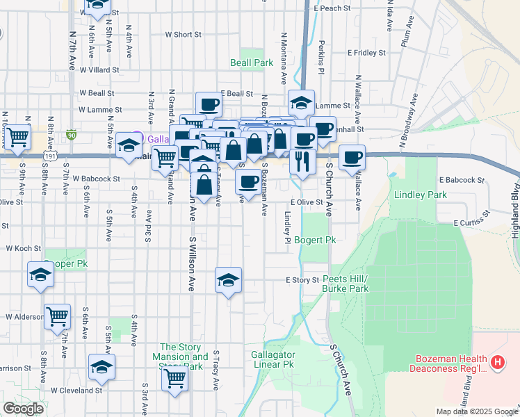 map of restaurants, bars, coffee shops, grocery stores, and more near 205 South Bozeman Avenue in Bozeman