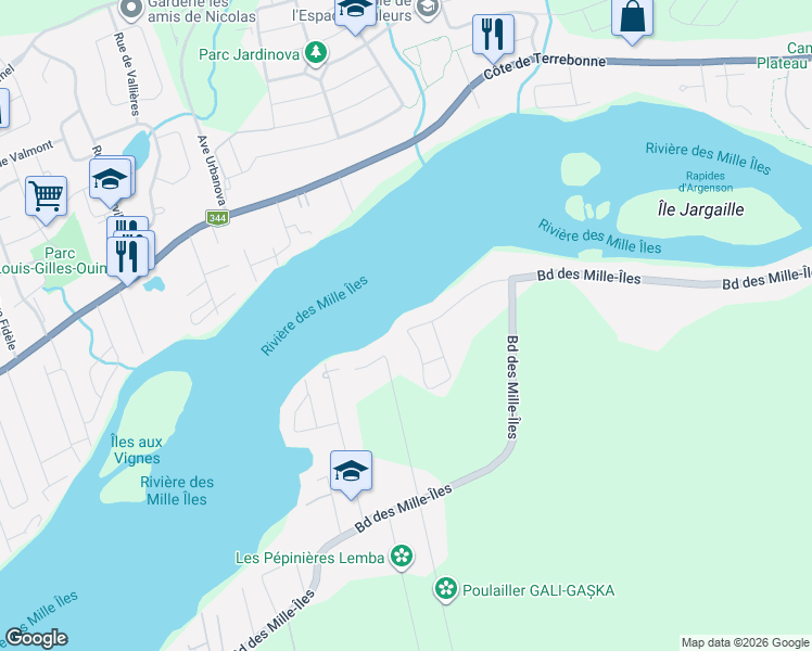 map of restaurants, bars, coffee shops, grocery stores, and more near 26 Terrasse Debien in Laval