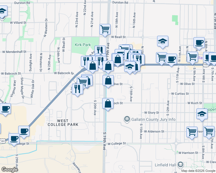 map of restaurants, bars, coffee shops, grocery stores, and more near 220 South 18th Avenue in Bozeman