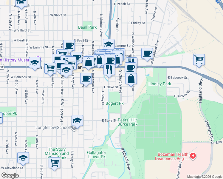 map of restaurants, bars, coffee shops, grocery stores, and more near 325 South Church Avenue in Bozeman