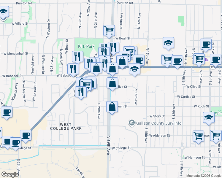 map of restaurants, bars, coffee shops, grocery stores, and more near 215 South 19th Avenue in Bozeman