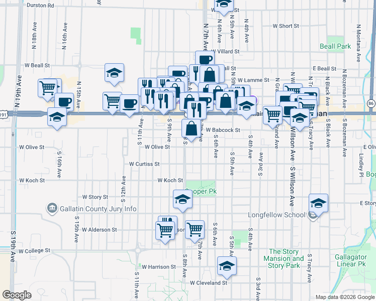 map of restaurants, bars, coffee shops, grocery stores, and more near 221 South 8th Avenue in Bozeman