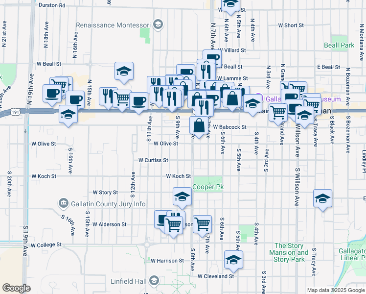map of restaurants, bars, coffee shops, grocery stores, and more near 221 South 9th Avenue in Bozeman