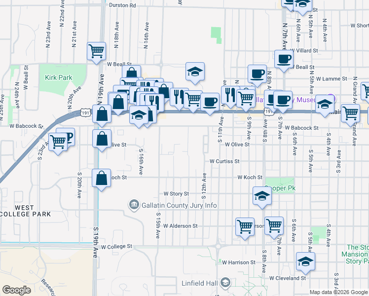 map of restaurants, bars, coffee shops, grocery stores, and more near 222 South 14th Avenue in Bozeman