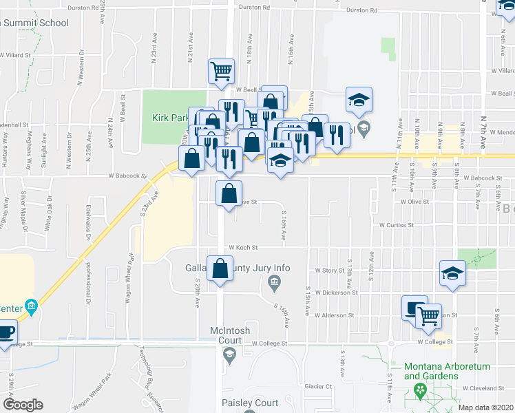 map of restaurants, bars, coffee shops, grocery stores, and more near 1612 West Olive Street in Bozeman