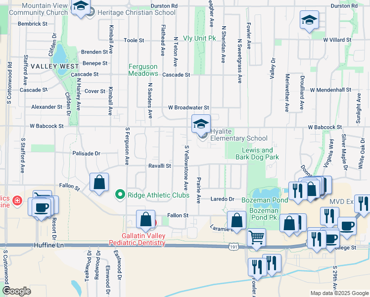 map of restaurants, bars, coffee shops, grocery stores, and more near 210 South Yellowstone Avenue in Bozeman