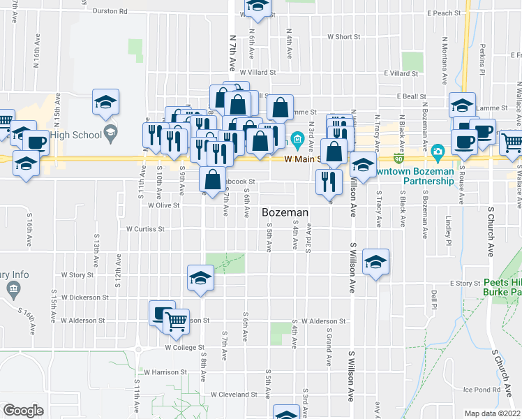 map of restaurants, bars, coffee shops, grocery stores, and more near 510 West Olive Street in Bozeman