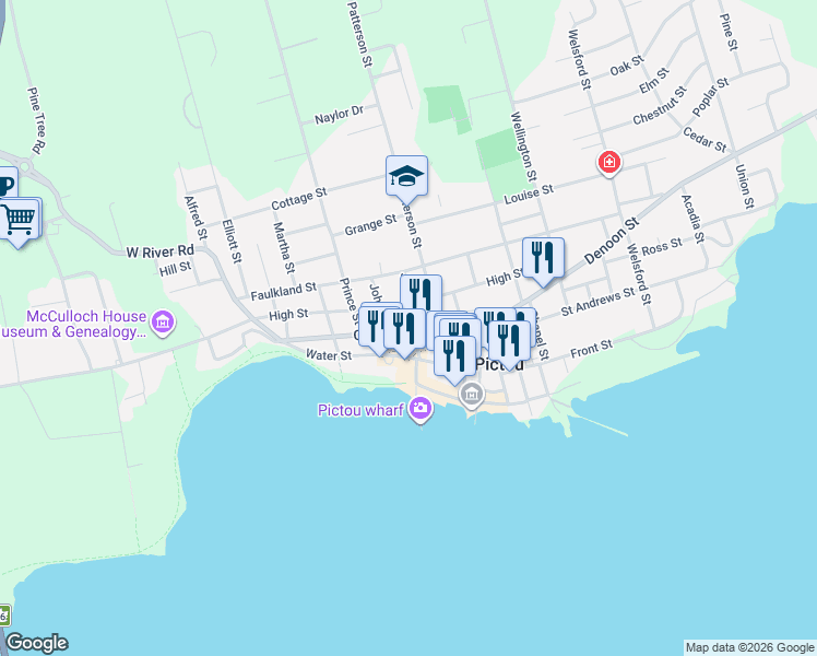 map of restaurants, bars, coffee shops, grocery stores, and more near 76 Water Street in Pictou