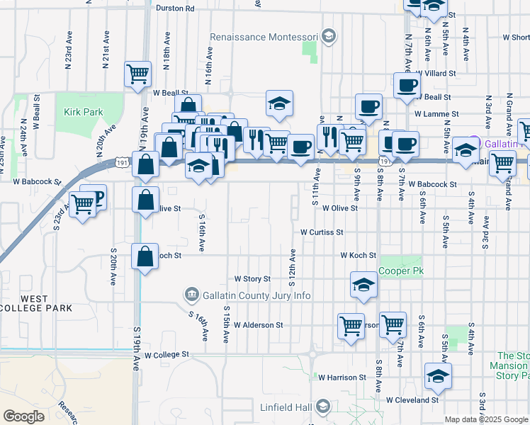 map of restaurants, bars, coffee shops, grocery stores, and more near 222 South 14th Avenue in Bozeman