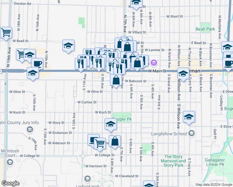 map of restaurants, bars, coffee shops, grocery stores, and more near 714 West Olive Street in Bozeman