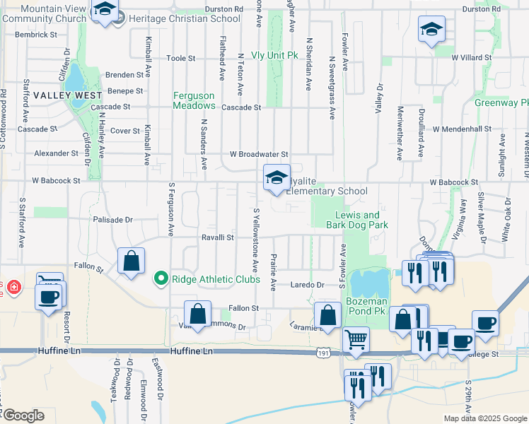 map of restaurants, bars, coffee shops, grocery stores, and more near 210 South Yellowstone Avenue in Bozeman