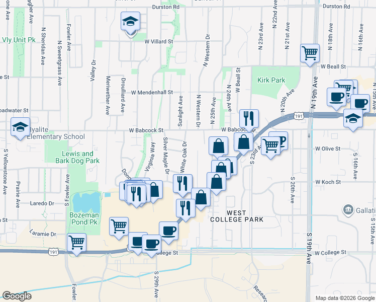 map of restaurants, bars, coffee shops, grocery stores, and more near 2800 West Babcock Street in Bozeman