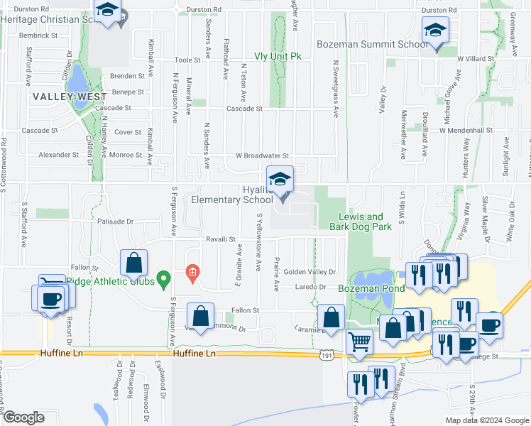map of restaurants, bars, coffee shops, grocery stores, and more near 204 South Yellowstone Avenue in Bozeman