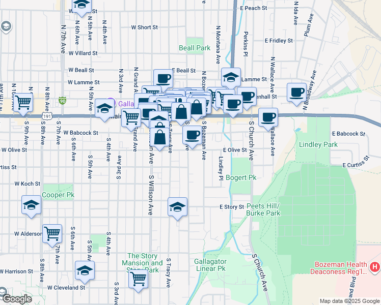 map of restaurants, bars, coffee shops, grocery stores, and more near 110 East Olive Street in Bozeman