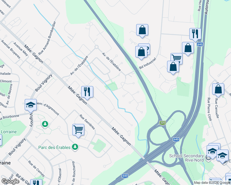 map of restaurants, bars, coffee shops, grocery stores, and more near 800 Avenue de la Haute Rive in Bois-des-Filion