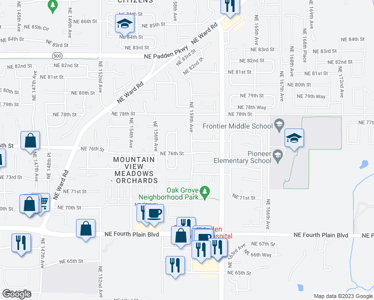 map of restaurants, bars, coffee shops, grocery stores, and more near 15808 Northeast 76th Street in Vancouver