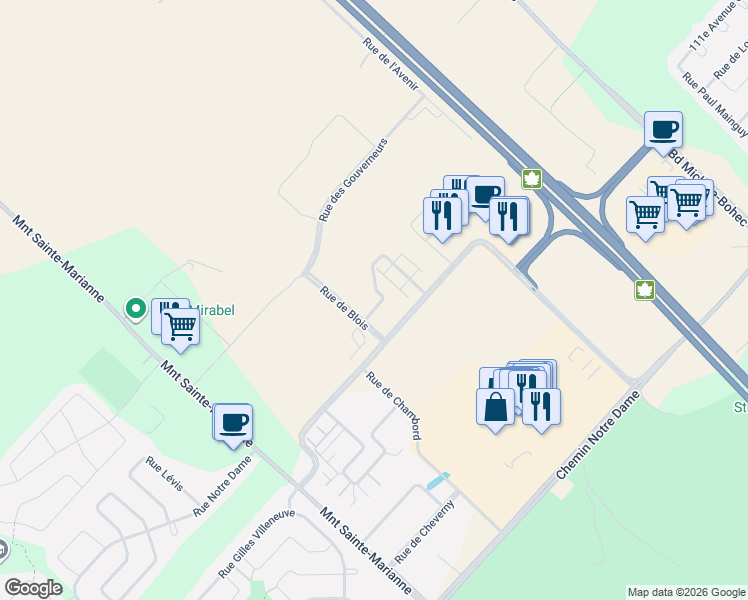 map of restaurants, bars, coffee shops, grocery stores, and more near 11985 Rue d'Amboise in Mirabel