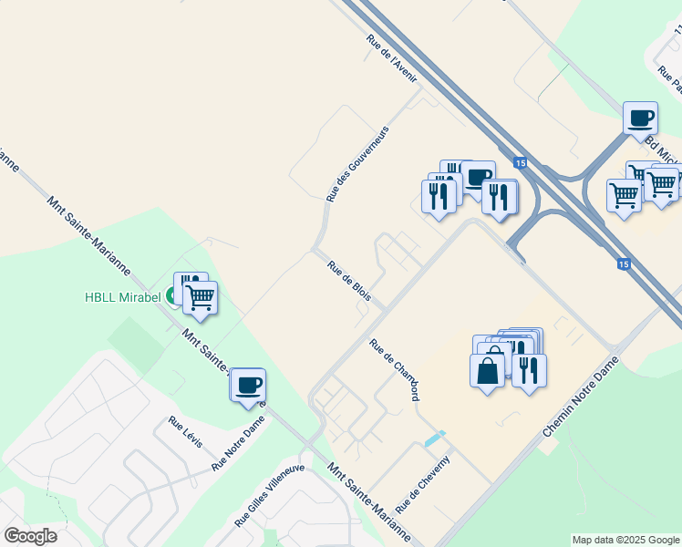 map of restaurants, bars, coffee shops, grocery stores, and more near Rue de Blois in Mirabel
