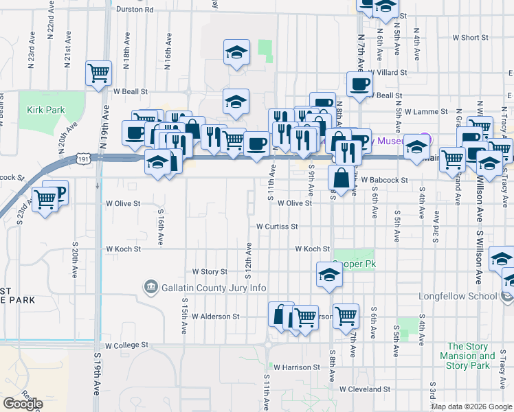map of restaurants, bars, coffee shops, grocery stores, and more near 1115 West Curtiss Street in Bozeman