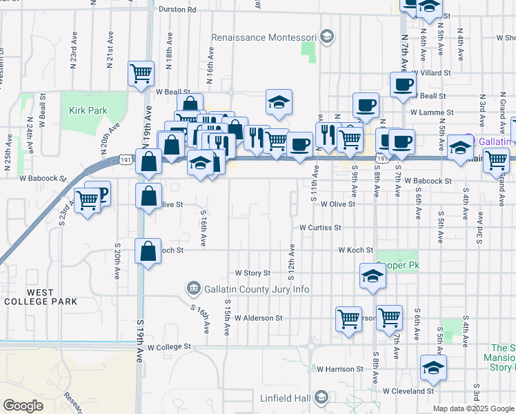 map of restaurants, bars, coffee shops, grocery stores, and more near 222 South 14th Avenue in Bozeman